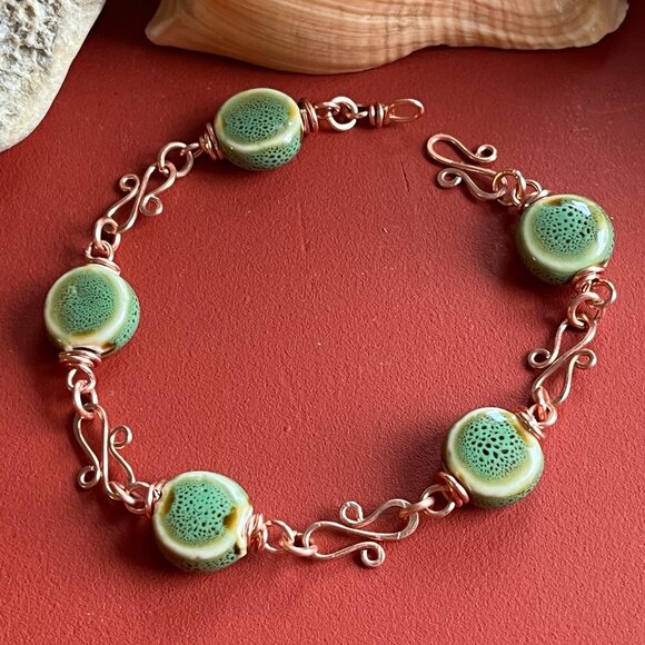 Boho Ceramic Bead Bracelet Copper Swirl Boho Handmade Jewelry Green - Picture 4 of 6